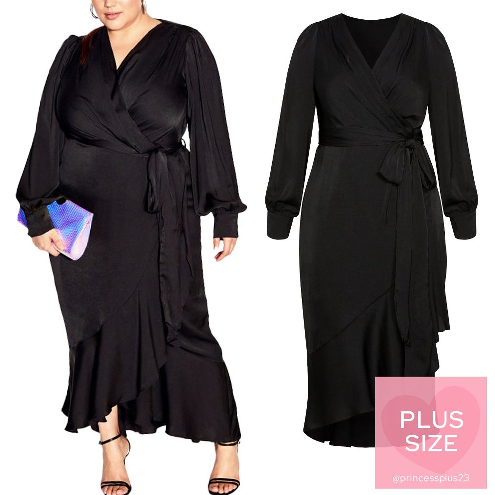 City Chic | *PLUS SIZE* | Ophelia Satin Wrap Dress - Black
